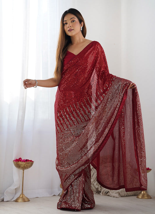 Classic Saree Embroidered Red Georgette S12407