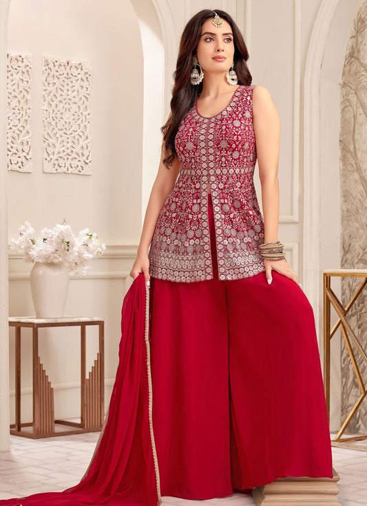 Palazzo Suit Embroidered, Sequins, Zari Red T8068