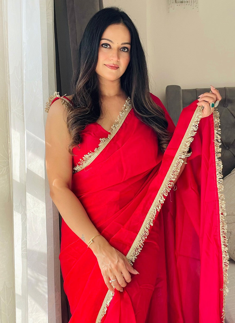 Embroidered Satin Red Contemporary Saree S15219