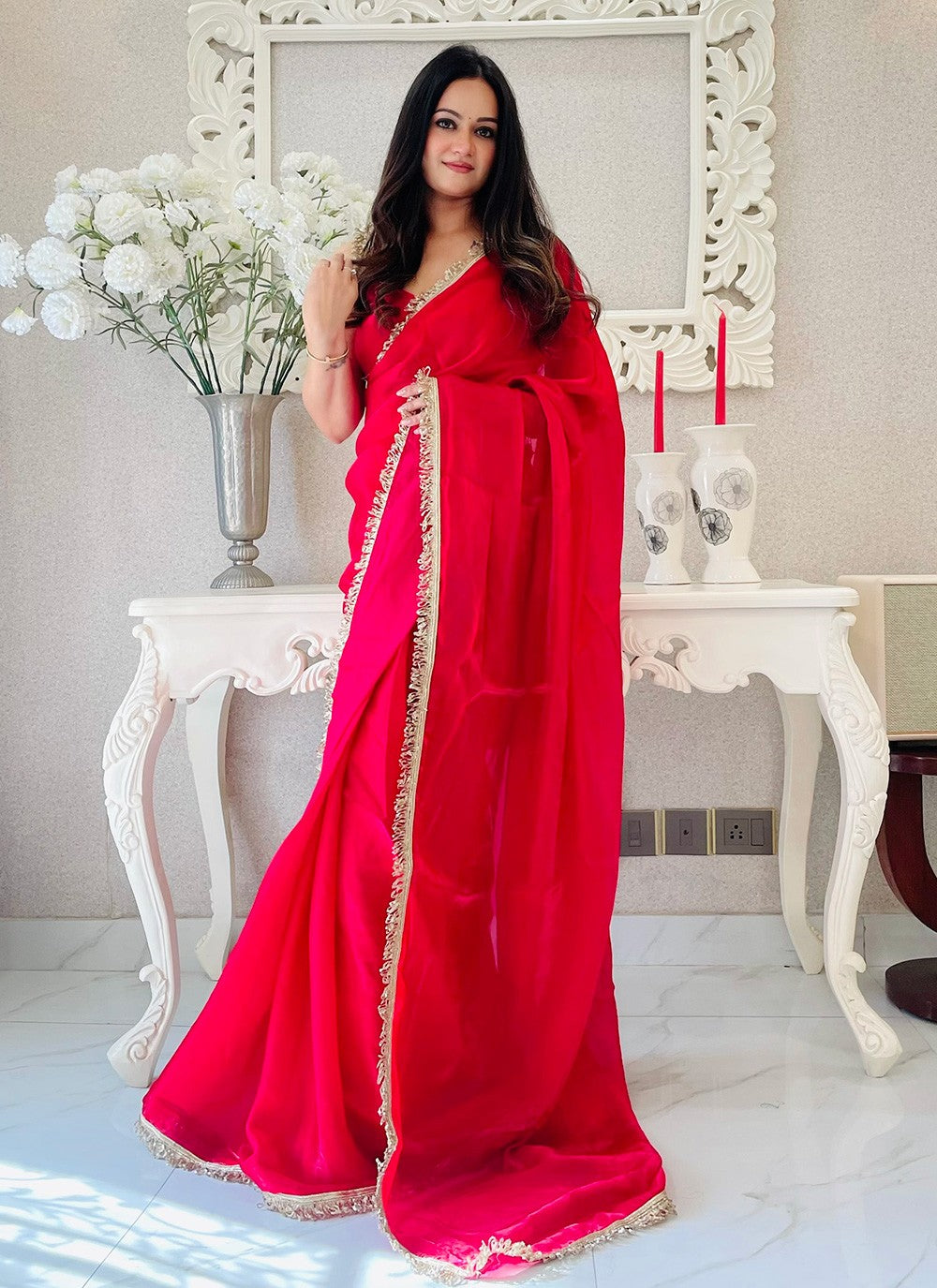 Embroidered Satin Red Contemporary Saree S15219