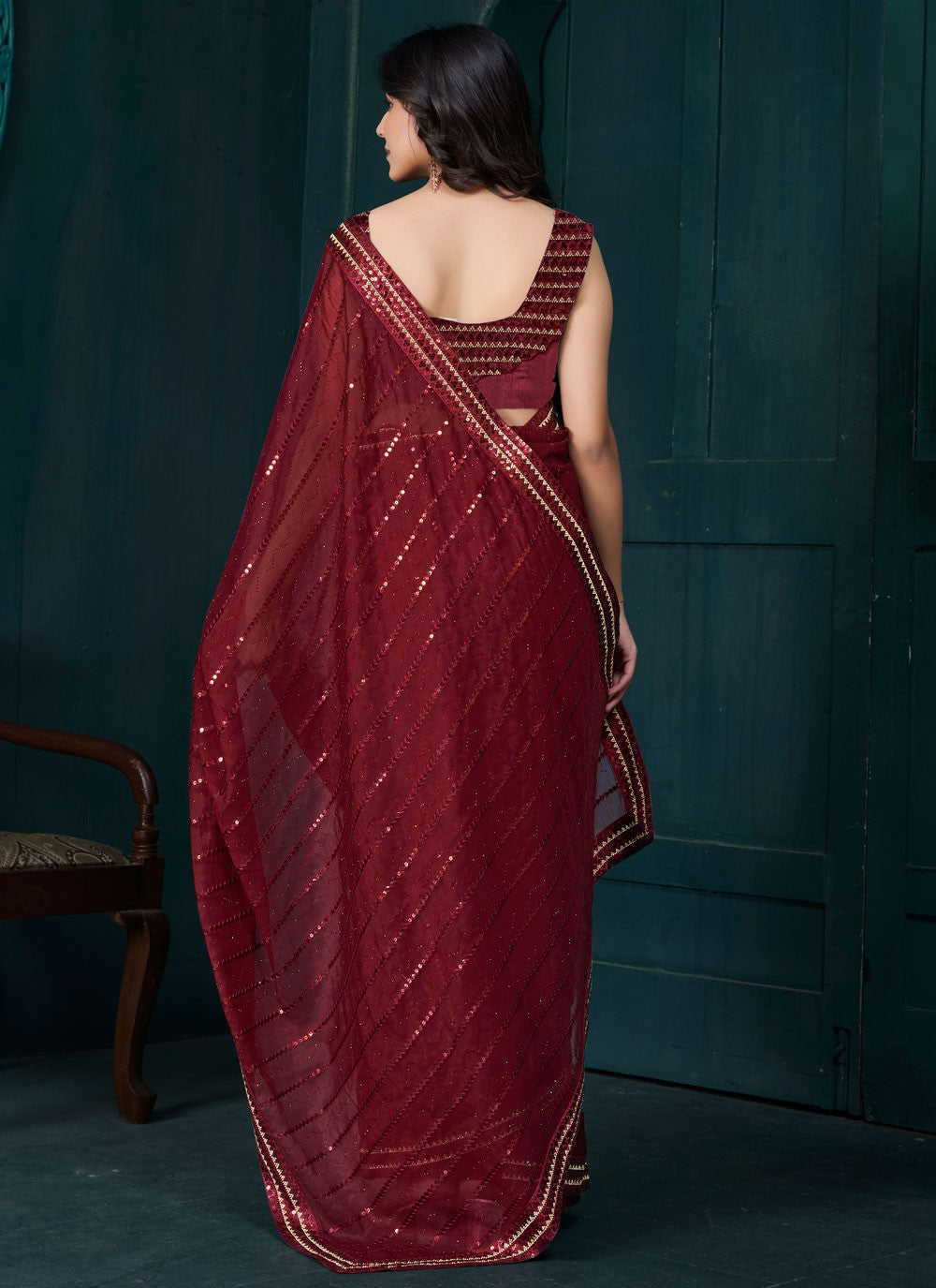 Sequins Organza Red Trendy Saree S15207
