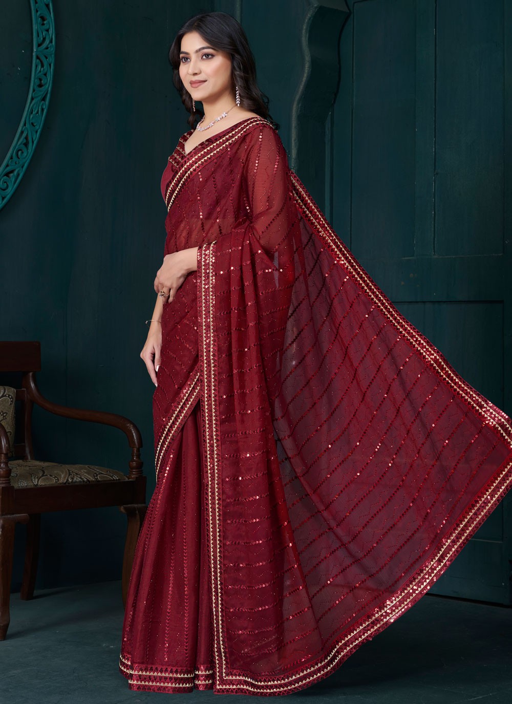 Sequins Organza Red Trendy Saree S15207