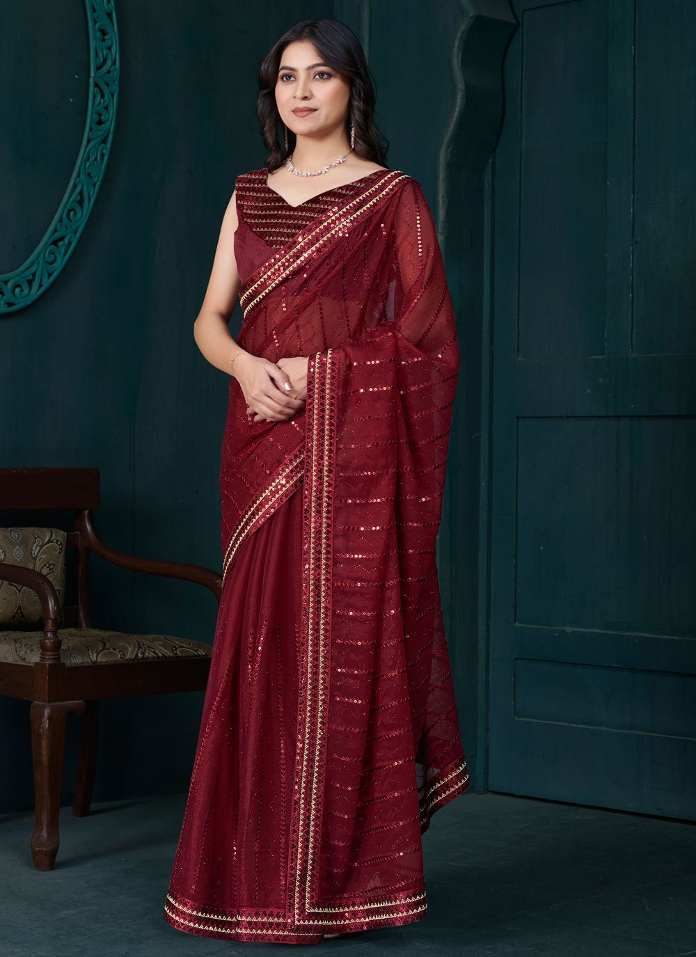 Sequins Organza Red Trendy Saree S15207