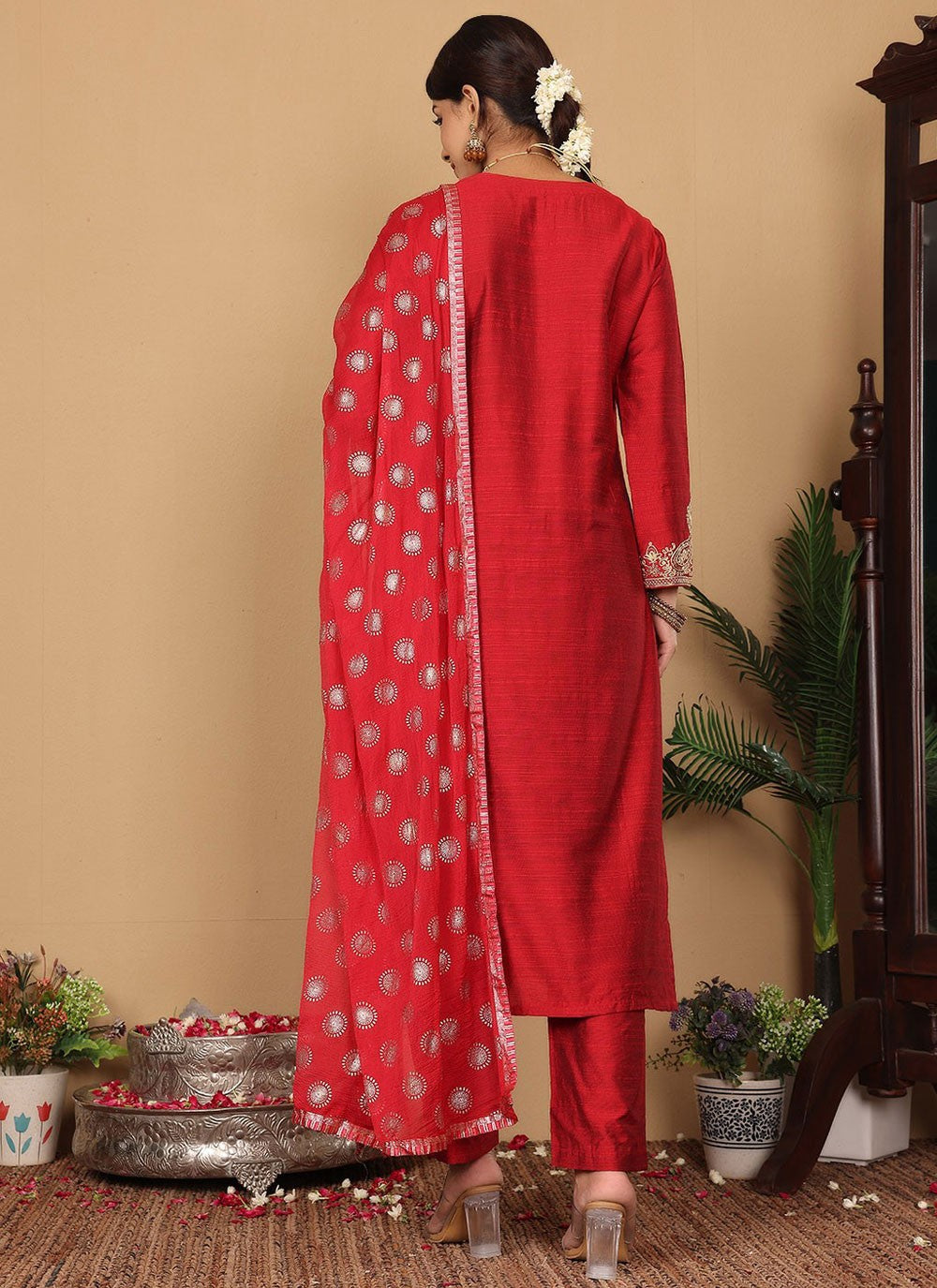 Salwar Suit Embroidered Red Silk Blend T5649