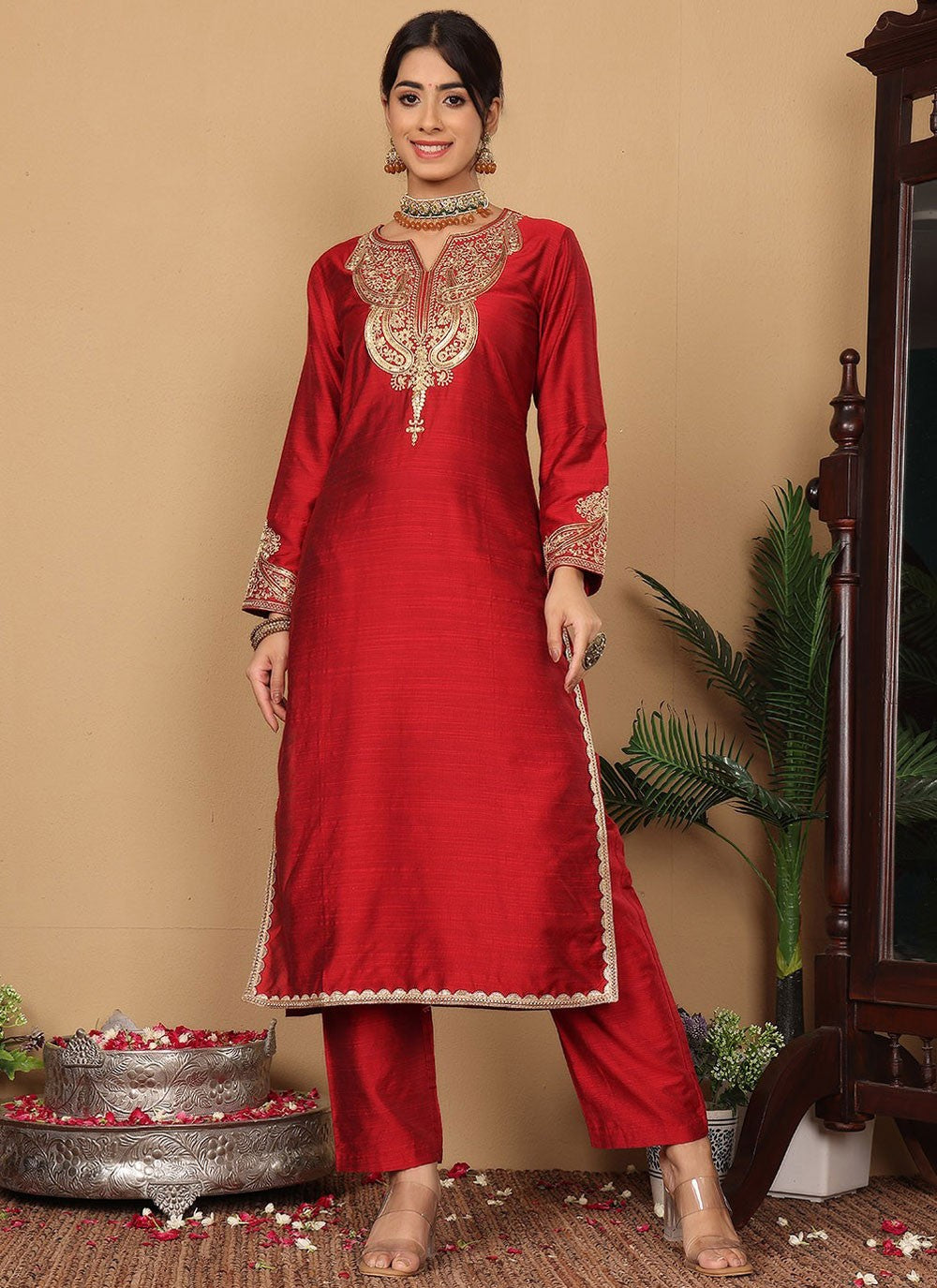 Salwar Suit Embroidered Red Silk Blend T5649