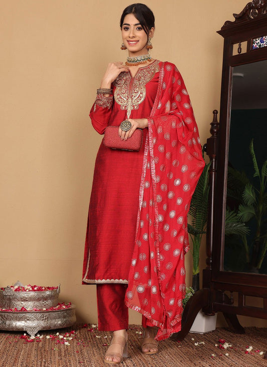 Salwar Suit Embroidered Red Silk Blend T5649
