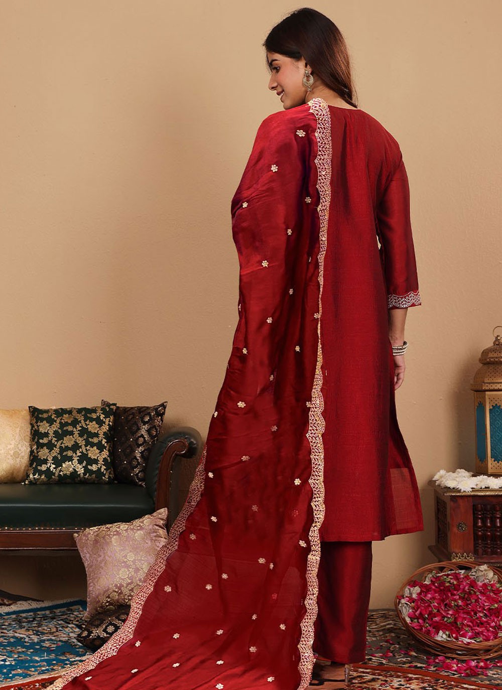 Salwar Suit Embroidered Red Silk T5537