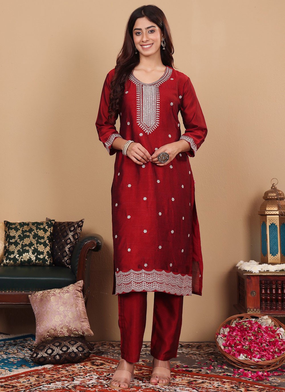 Salwar Suit Embroidered Red Silk T5537