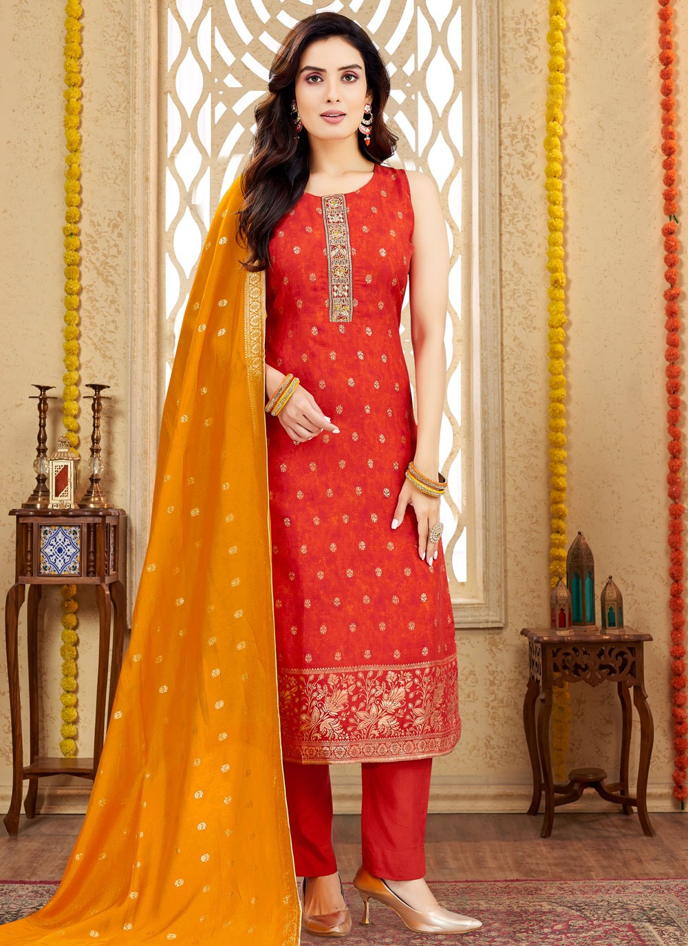 Pant Style Suit Embroidered, Zari Red T7988