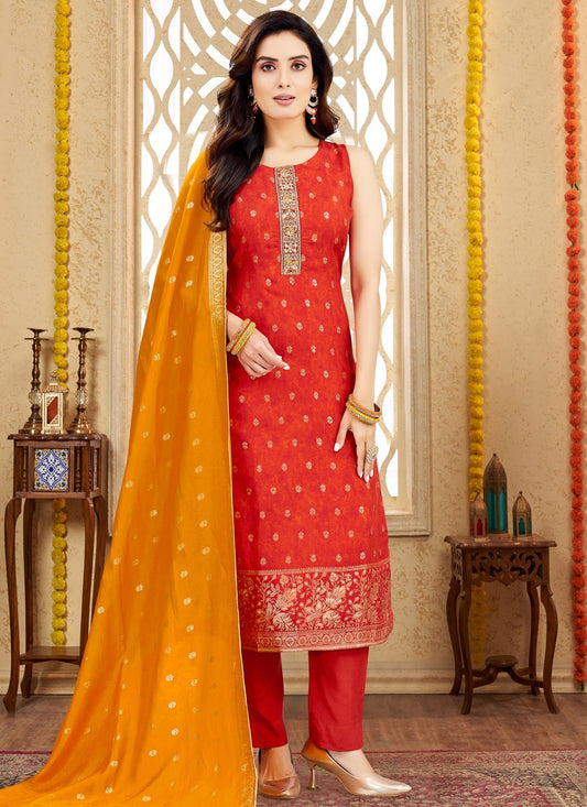 Pant Style Suit Embroidered, Zari Red T7988