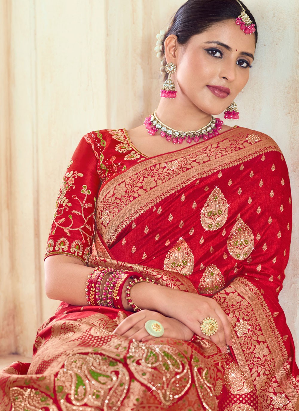 Traditional Cut Work Red Silk Saree S12721
