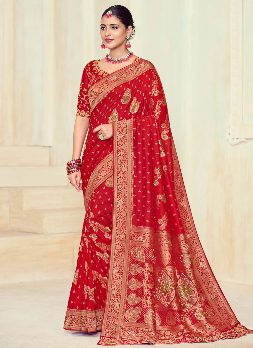 Traditional Cut Work Red Silk S12721