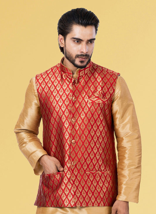 Jacquard Work Silk Red Nehru Jackets - M7437