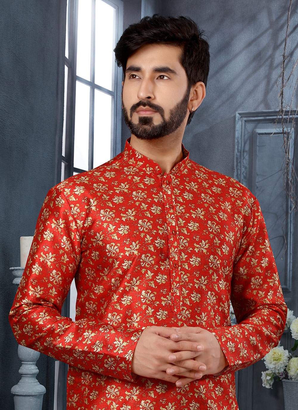 Digital Print Silk Red Kurta - M5622