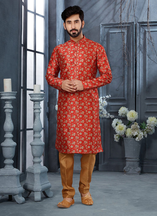 Digital Print Silk Red Kurta - M5622