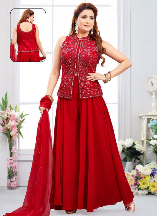 Salwar Suit Mirror Red Georgette T5726