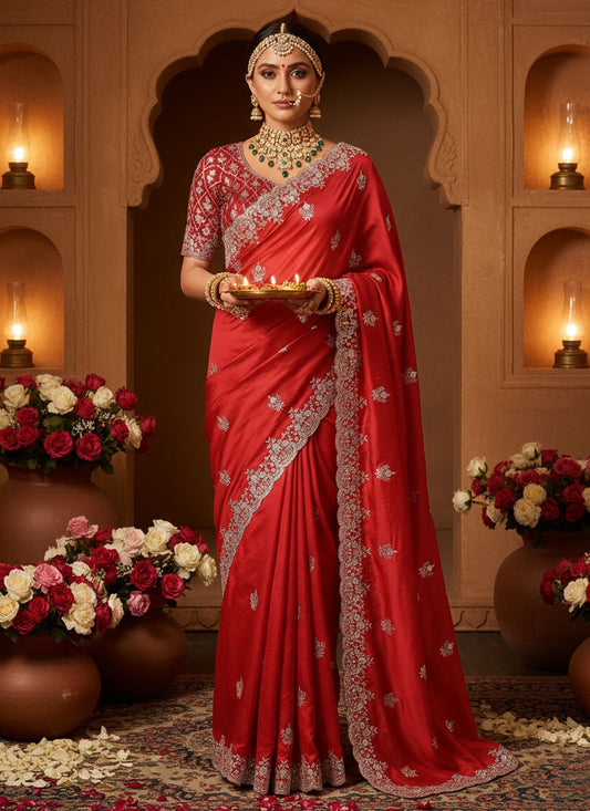 Red Georgette Traditional Saree Aari Work, Embroidered S20041
