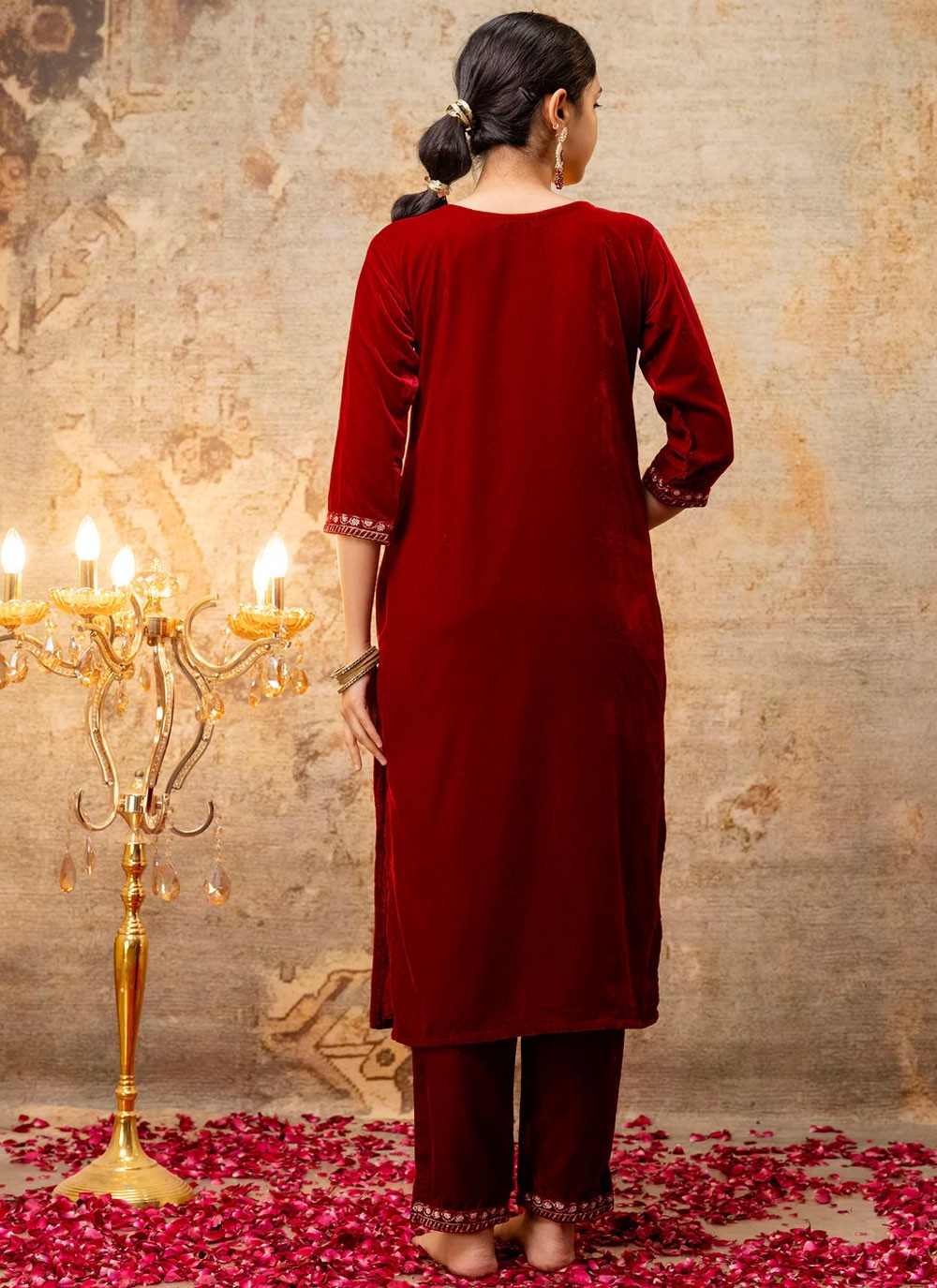 Embroidered Velvet Red Salwar Suit T6130
