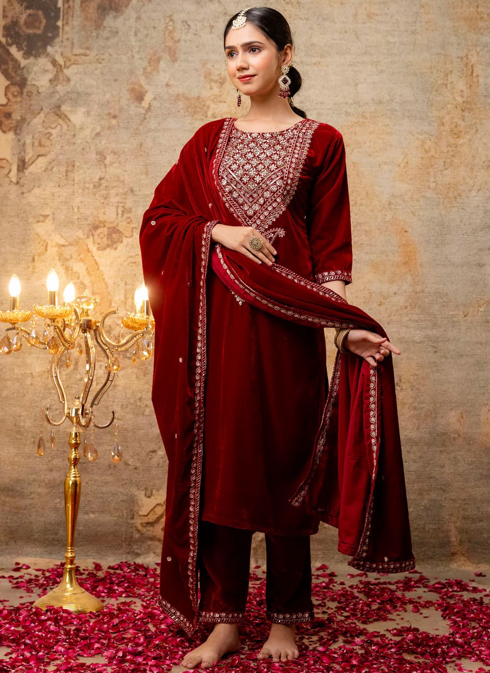 Embroidered Velvet Red Salwar Suit T6130