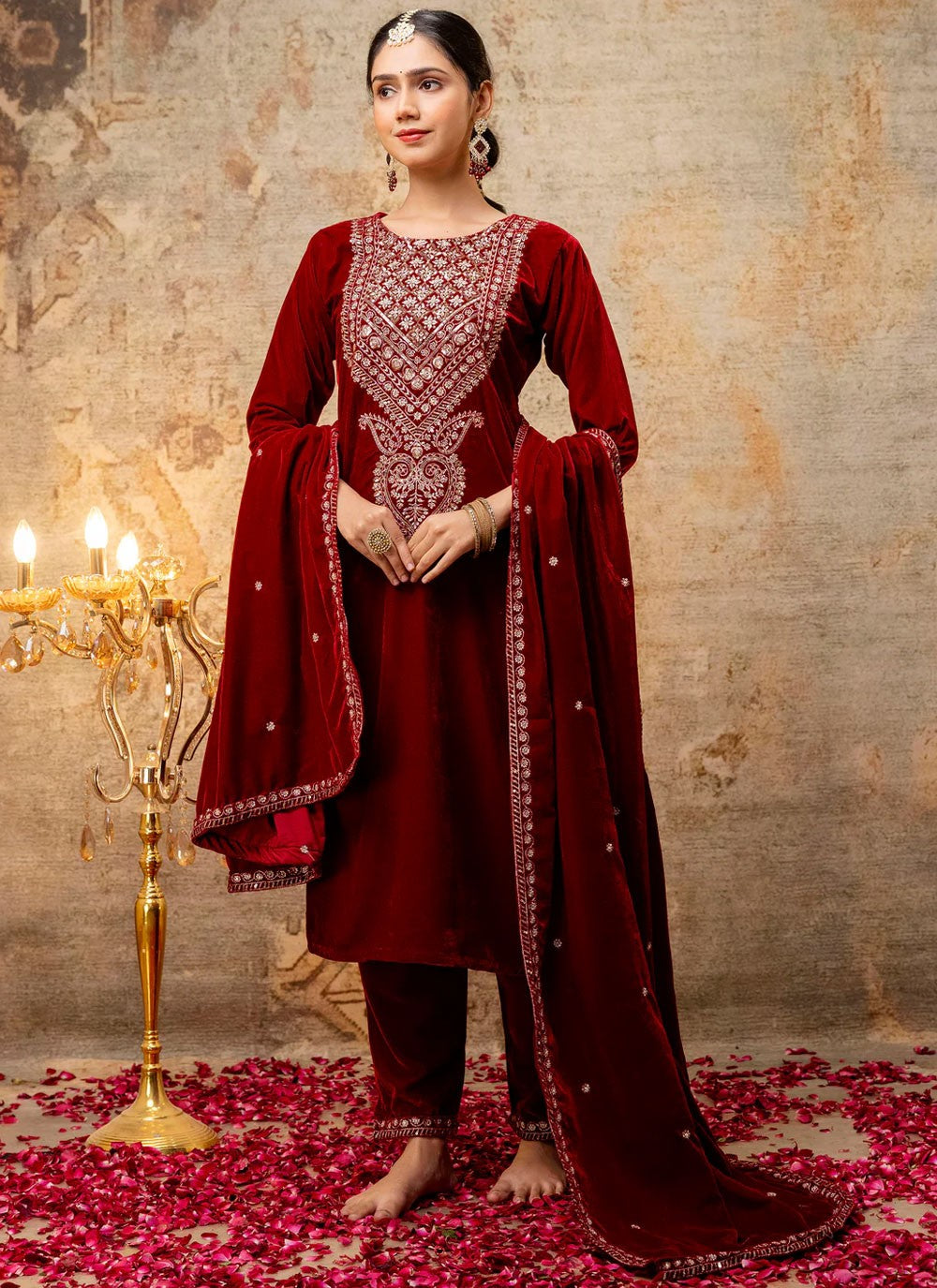 Embroidered Velvet Red Salwar Suit T6130