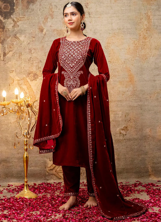Embroidered Velvet Red Salwar Suit T6130