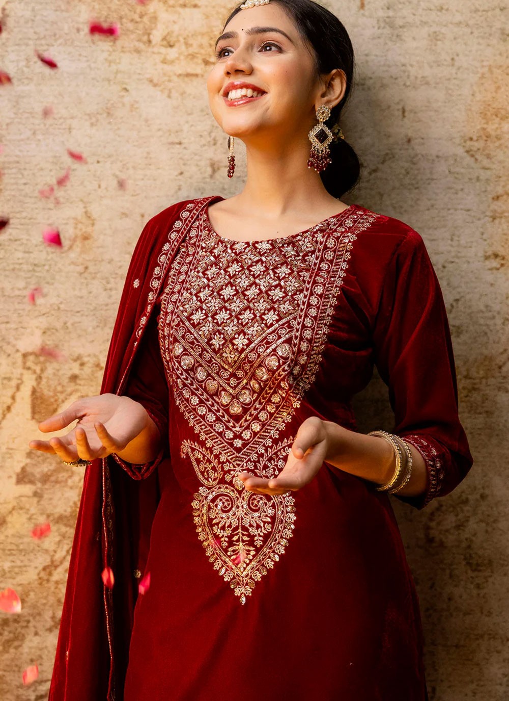 Embroidered Velvet Red Salwar Suit T6130