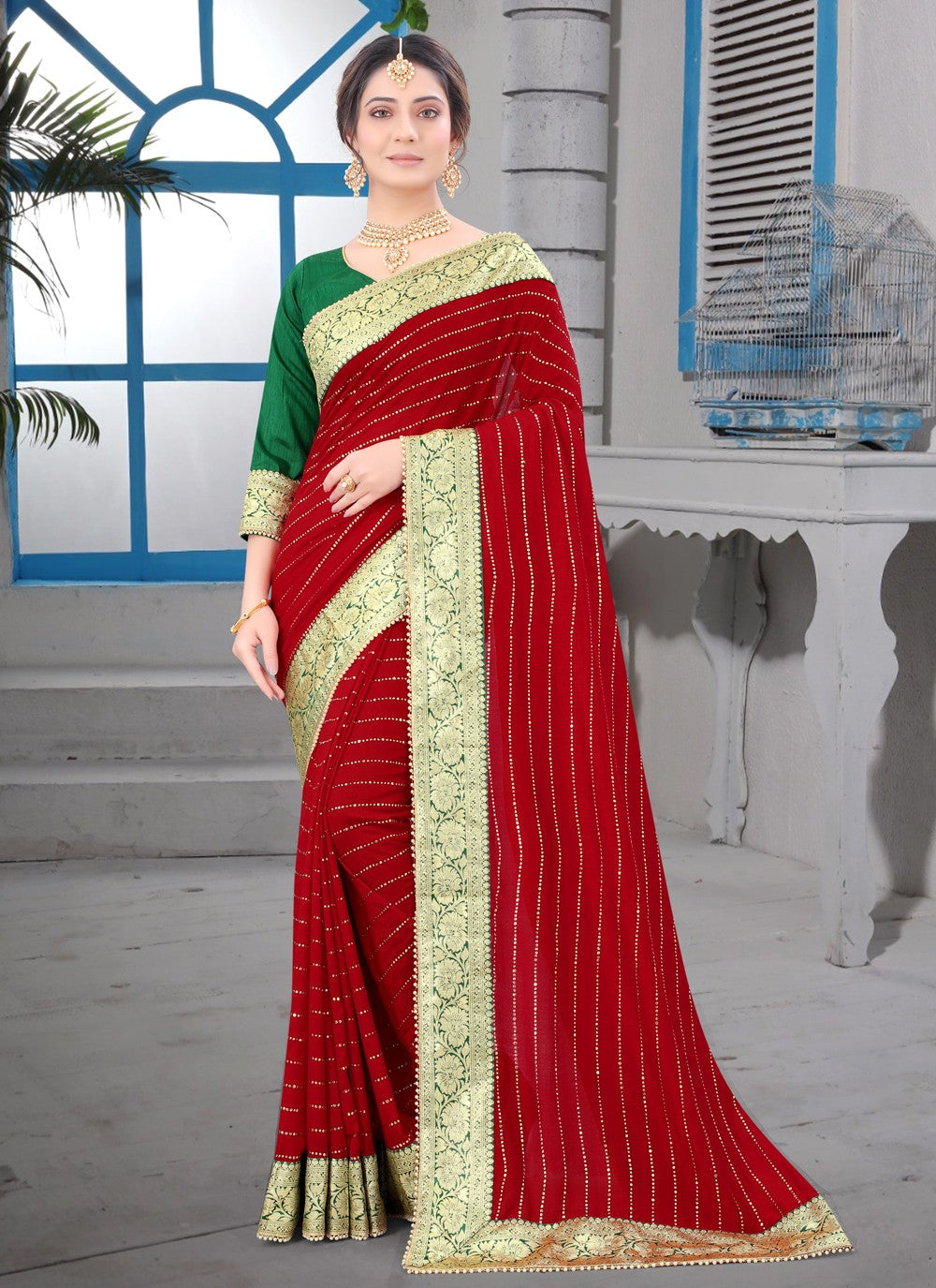 Contemporary Border Work Vichitra Silk Saree - S3701