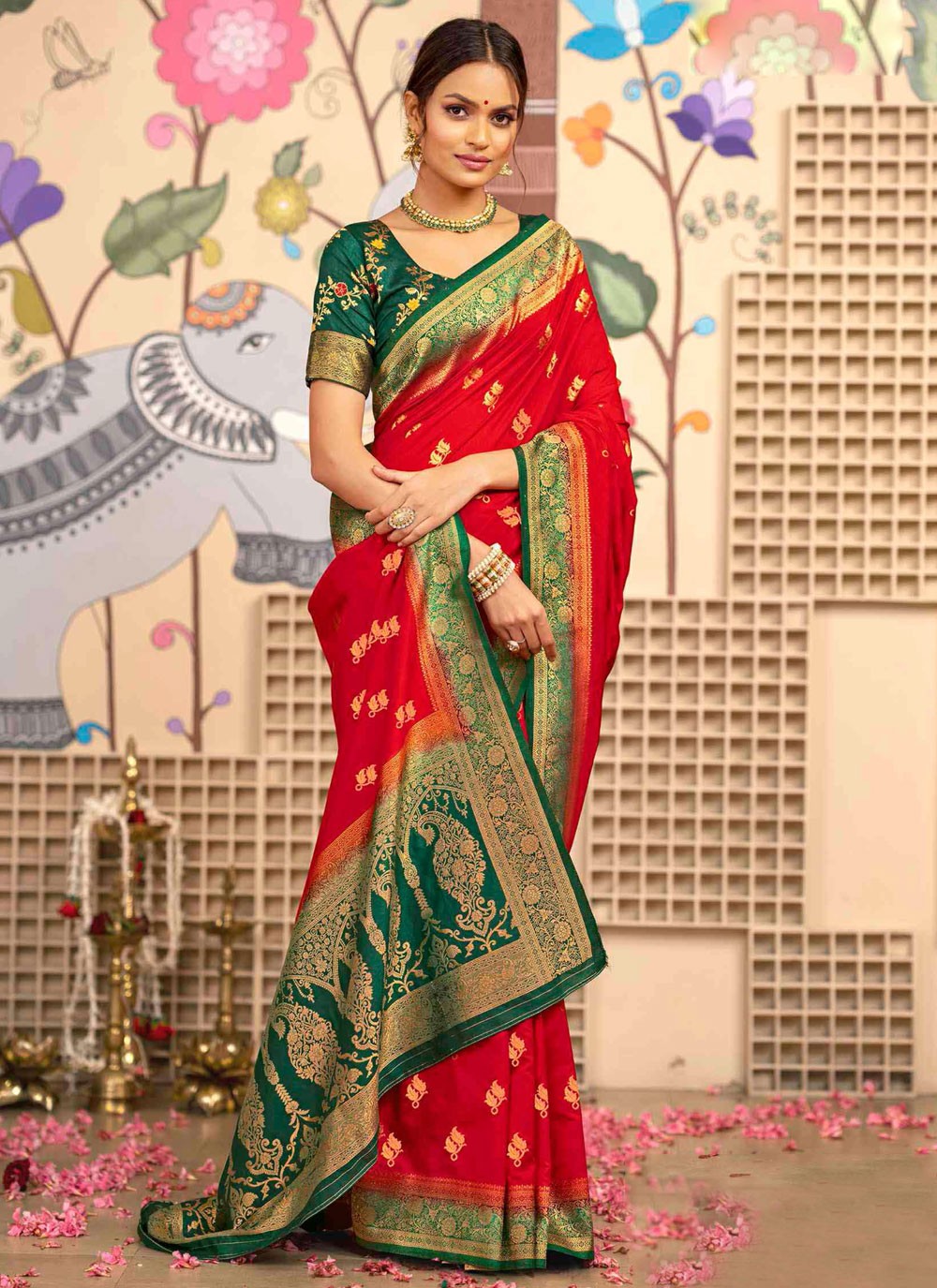 Red Silk Traditional Saree Weaving Zari S20399
