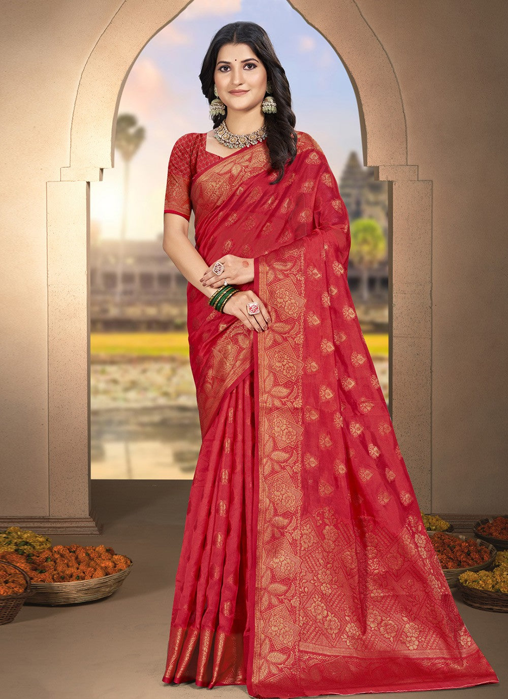 Trendy Saree Woven Red Silk S12754