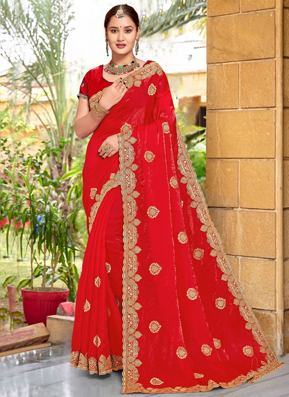 Embroidered Silk Red Saree S14670