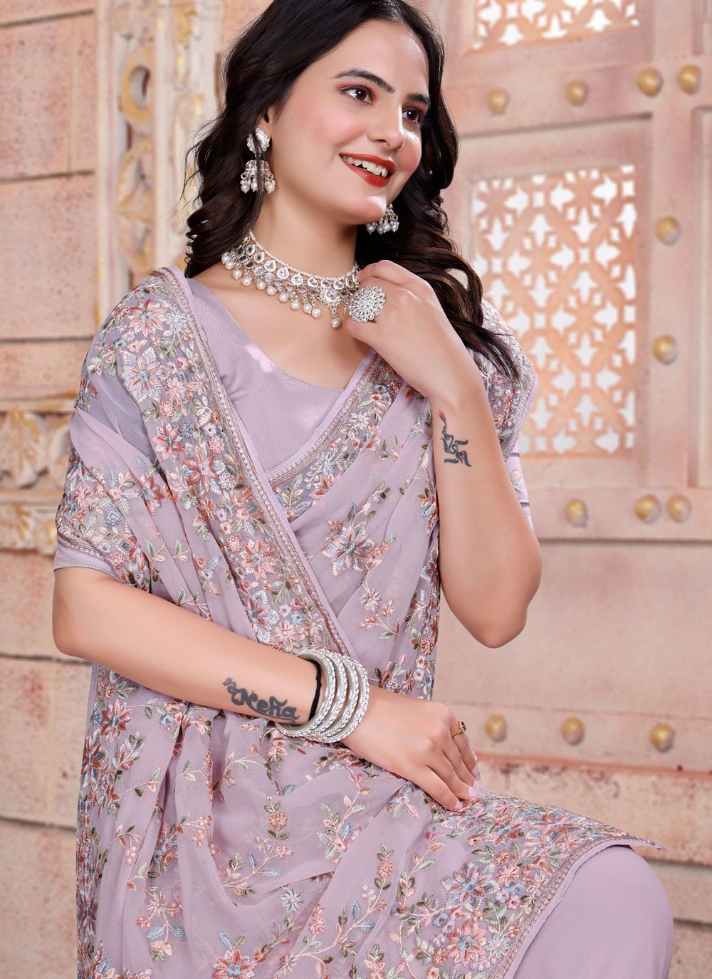 Embroidered Georgette Lavender Saree S14838