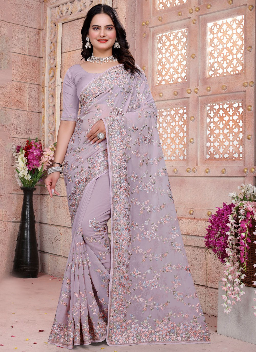 Embroidered Georgette Lavender Saree S14838