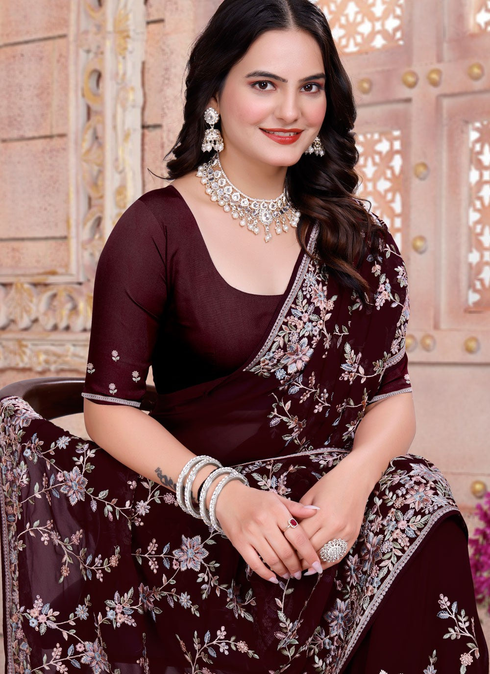 Embroidered Georgette Wine Saree S14834
