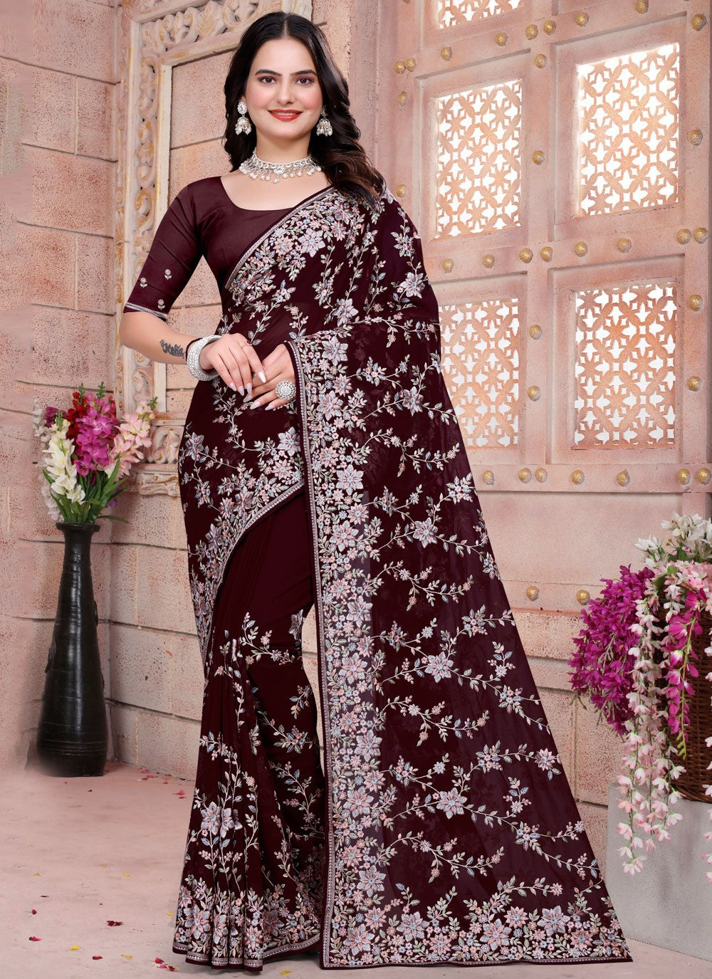 Embroidered Georgette Wine Saree S14834