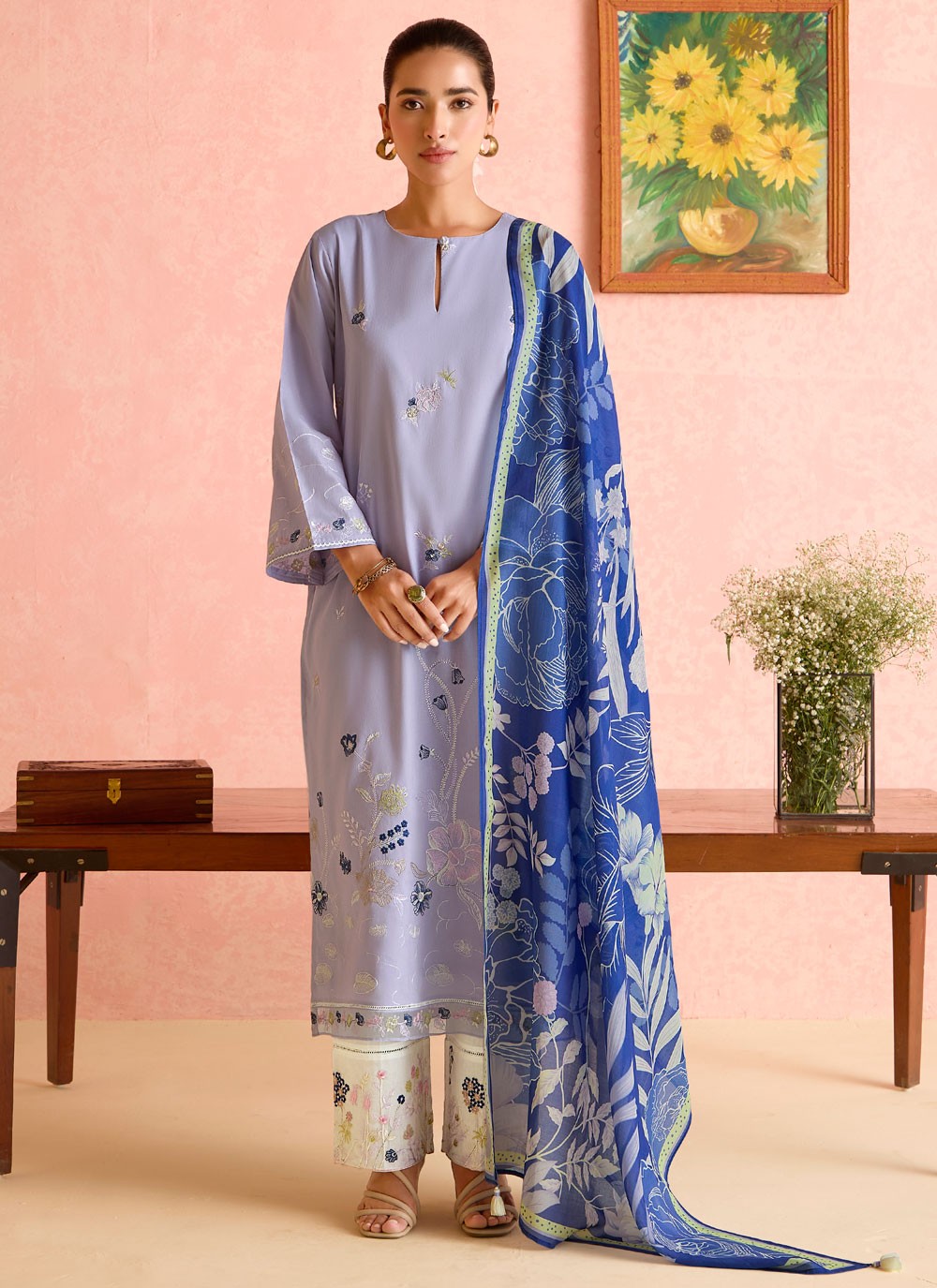 Embroidered Cotton Lawn Lavender Pant Style Suit T6456