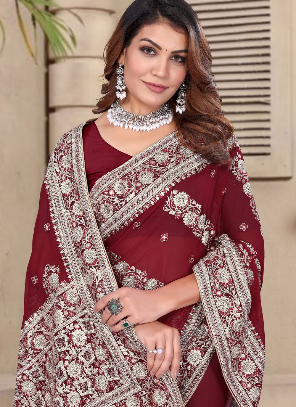 Embroidered Georgette Maroon Contemporary Saree S14958