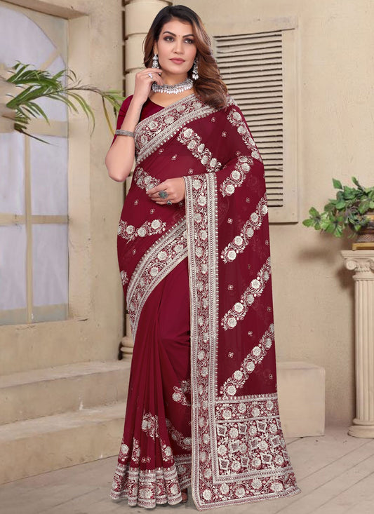 Embroidered Georgette Maroon Contemporary Saree S14958