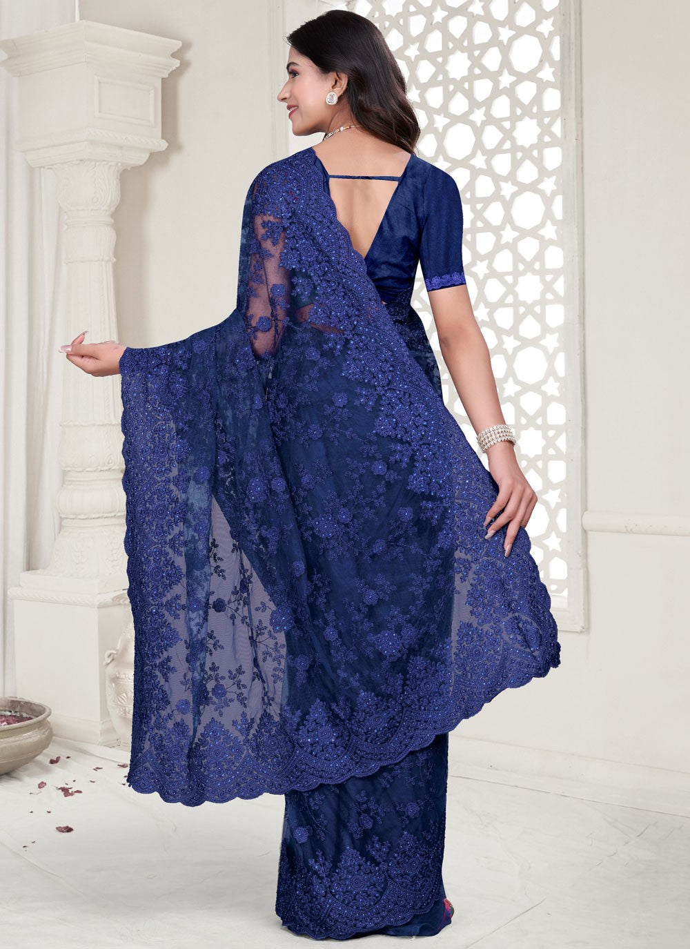 Navy Blue Net Contemporary Saree Embroidered, Moti, Resham, Stones S17809