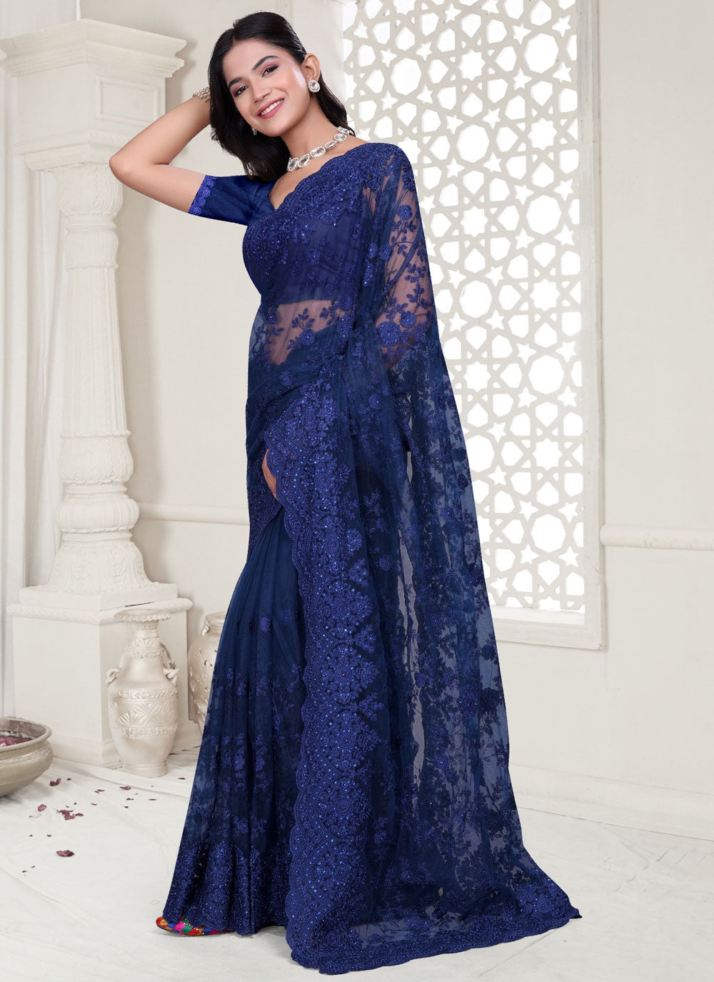 Navy Blue Net Contemporary Saree Embroidered, Moti, Resham, Stones S17809