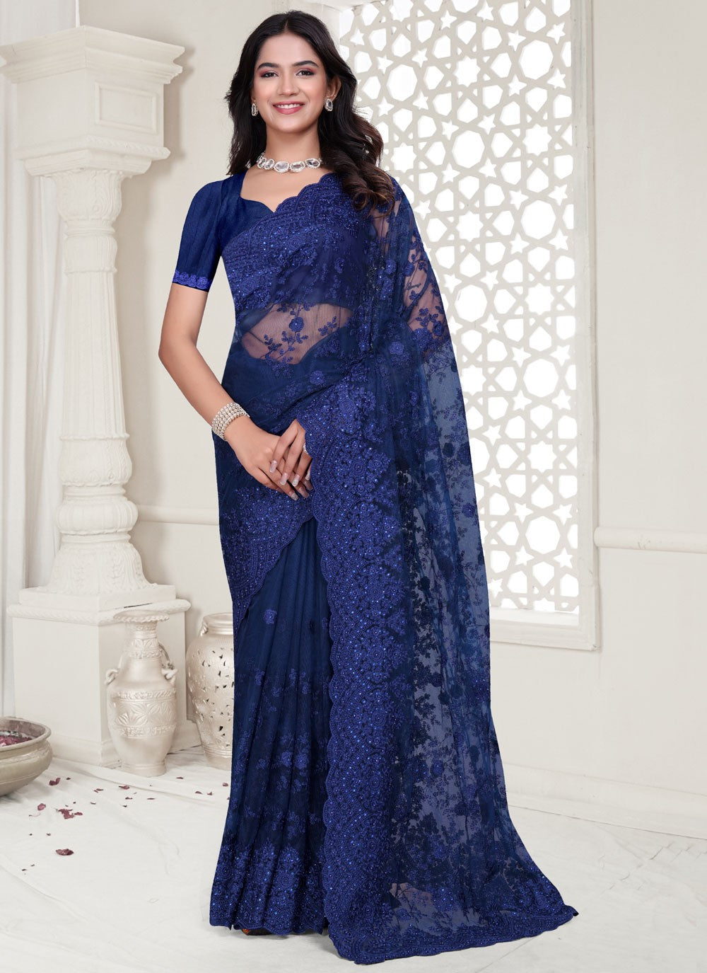 Navy Blue Net Contemporary Saree Embroidered, Moti, Resham, Stones S17809