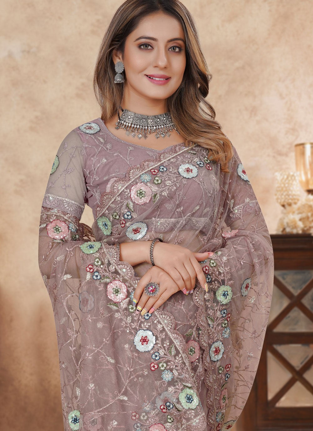 Purple Net Classic Saree Cut Work, Embroidered, Multi Work, Resham, Sequins S16190