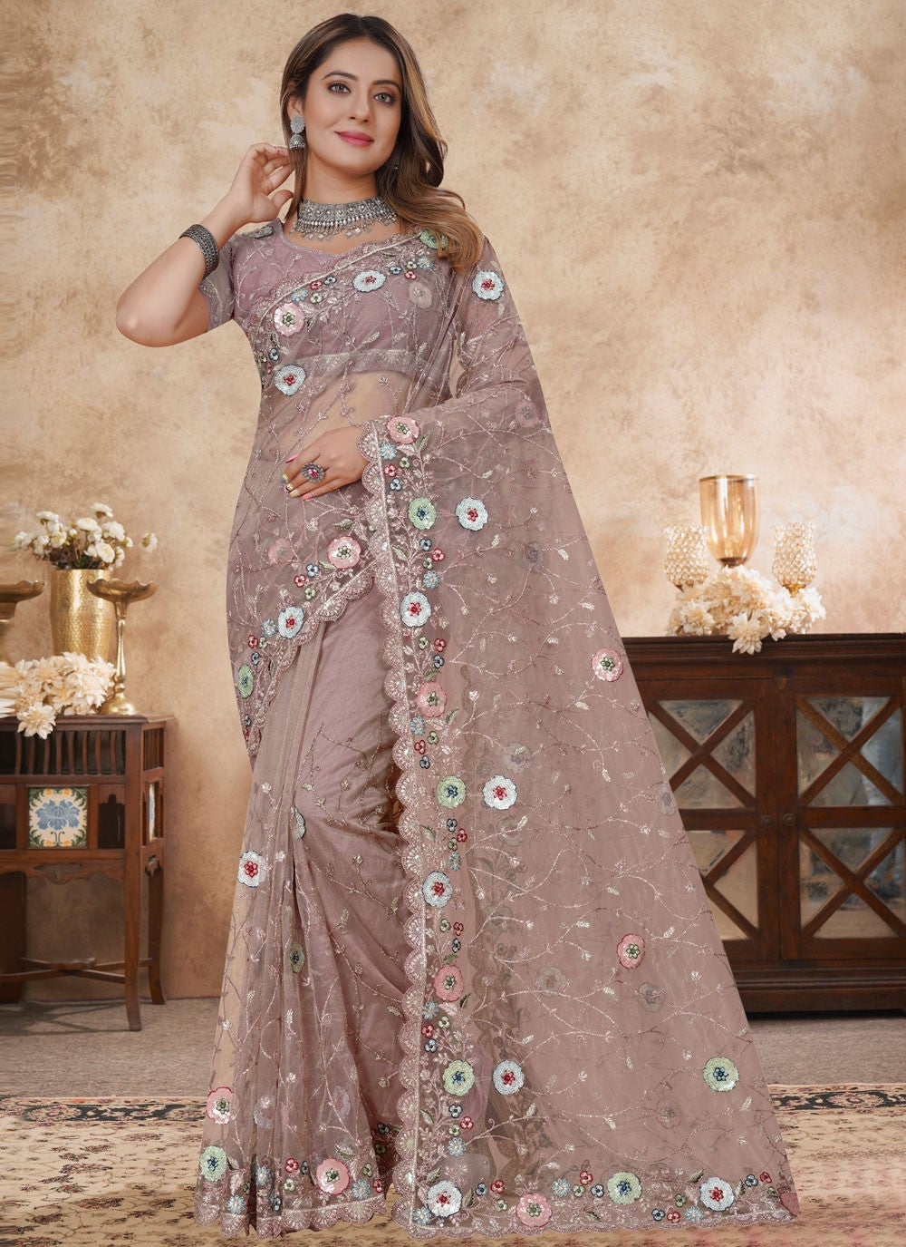 Purple Net Classic Saree Cut Work, Embroidered, Multi Work, Resham, Sequins S16190