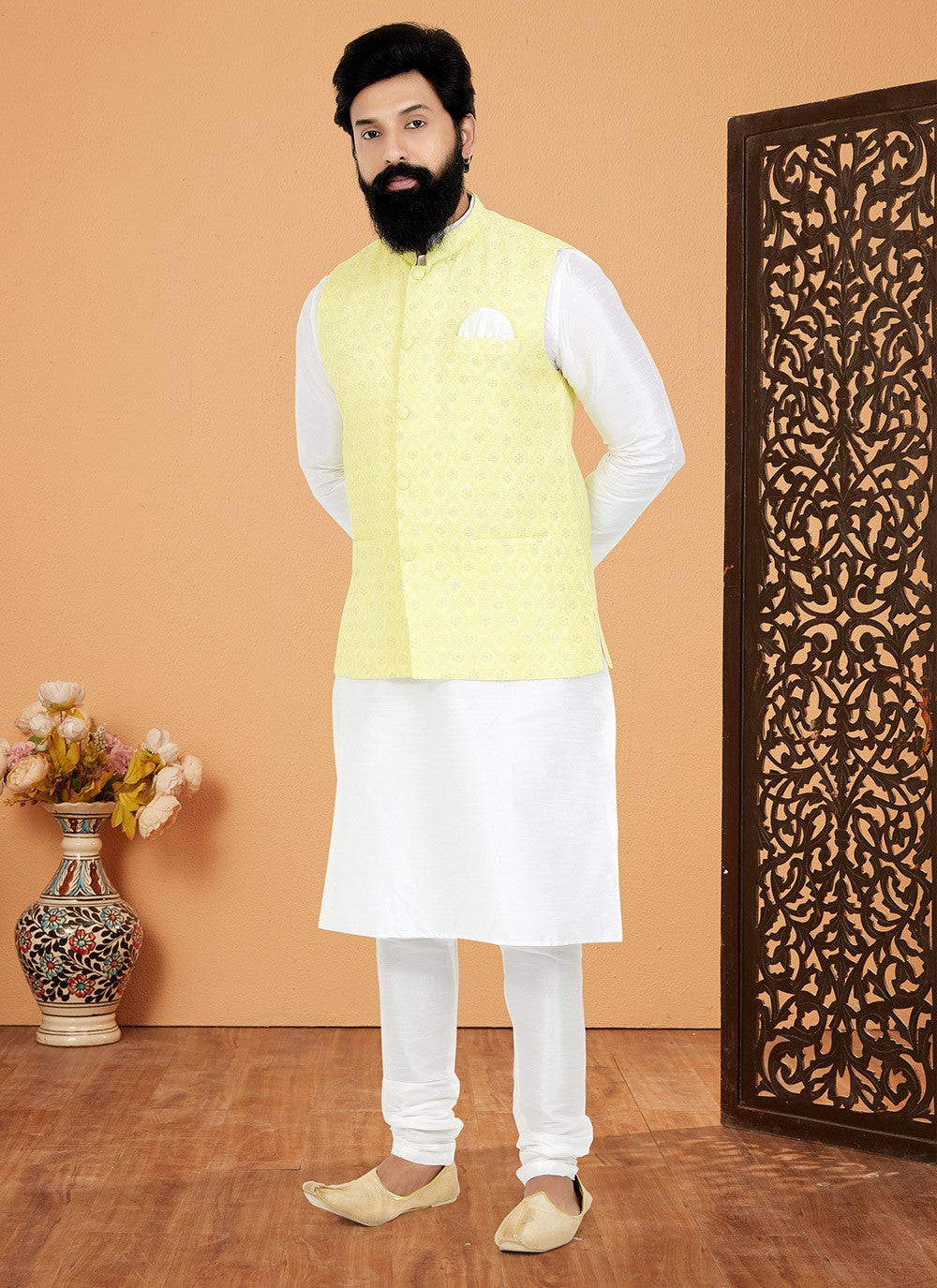 Resham Thread Work Dupion Silk, Viscose White, Yellow Kurta Payjama With Jacket - M5465