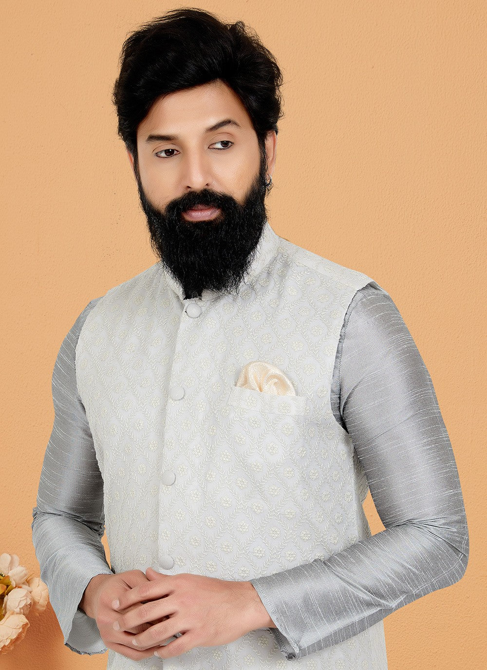 Resham Thread Work Dupion Silk, Viscose Grey, Off White Kurta Payjama With Jacket - M5466