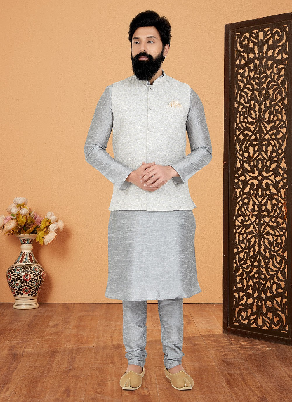 Resham Thread Work Dupion Silk, Viscose Grey, Off White Kurta Payjama With Jacket - M5466