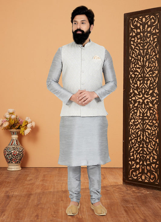 Resham Thread Work Dupion Silk, Viscose Grey, Off White Kurta Payjama With Jacket - M5466