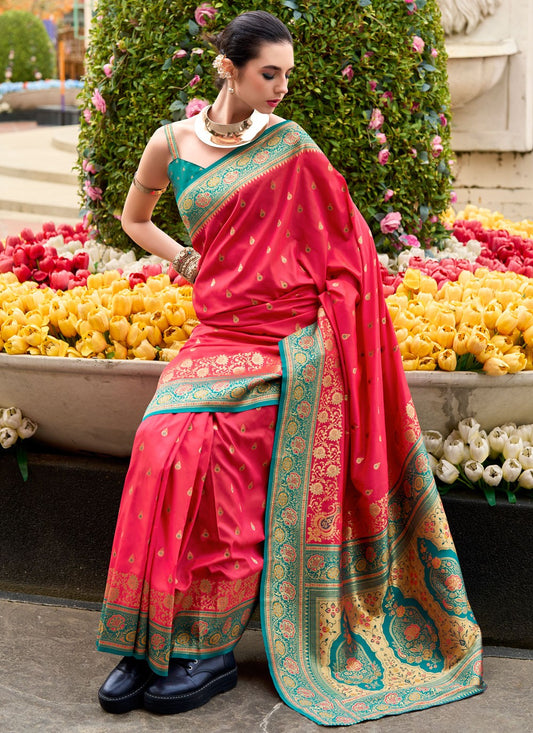 Weaving Zari Banarasi Silk Pink Saree S14666