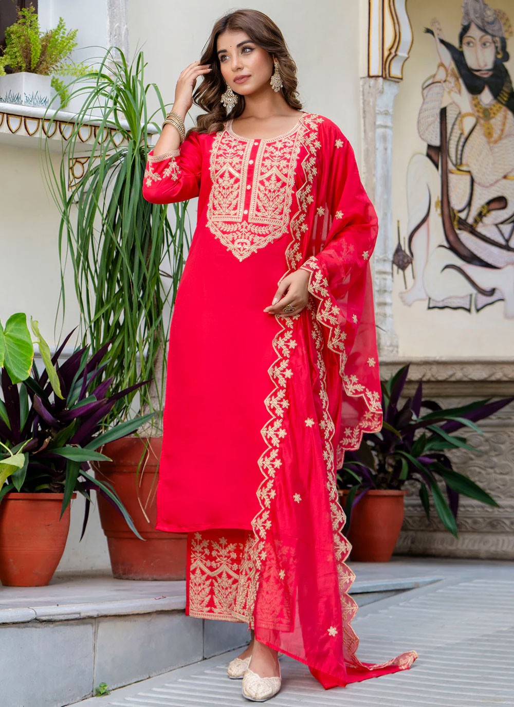 Salwar Suit Embroidered Pink Silk Blend T5865