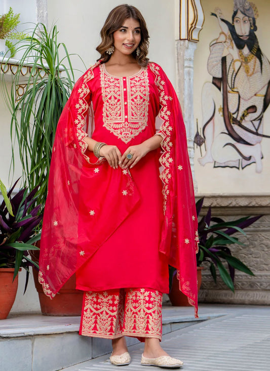 Salwar Suit Embroidered Pink Silk Blend T5865