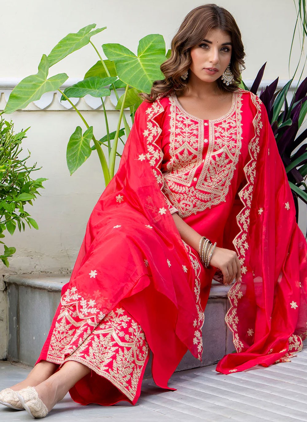 Salwar Suit Embroidered Pink Silk Blend T5865